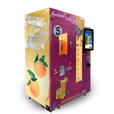 Wifi acuña la máquina expendedora del zumo de naranja del pago de los billetes de banco con la ventana de cristal grande